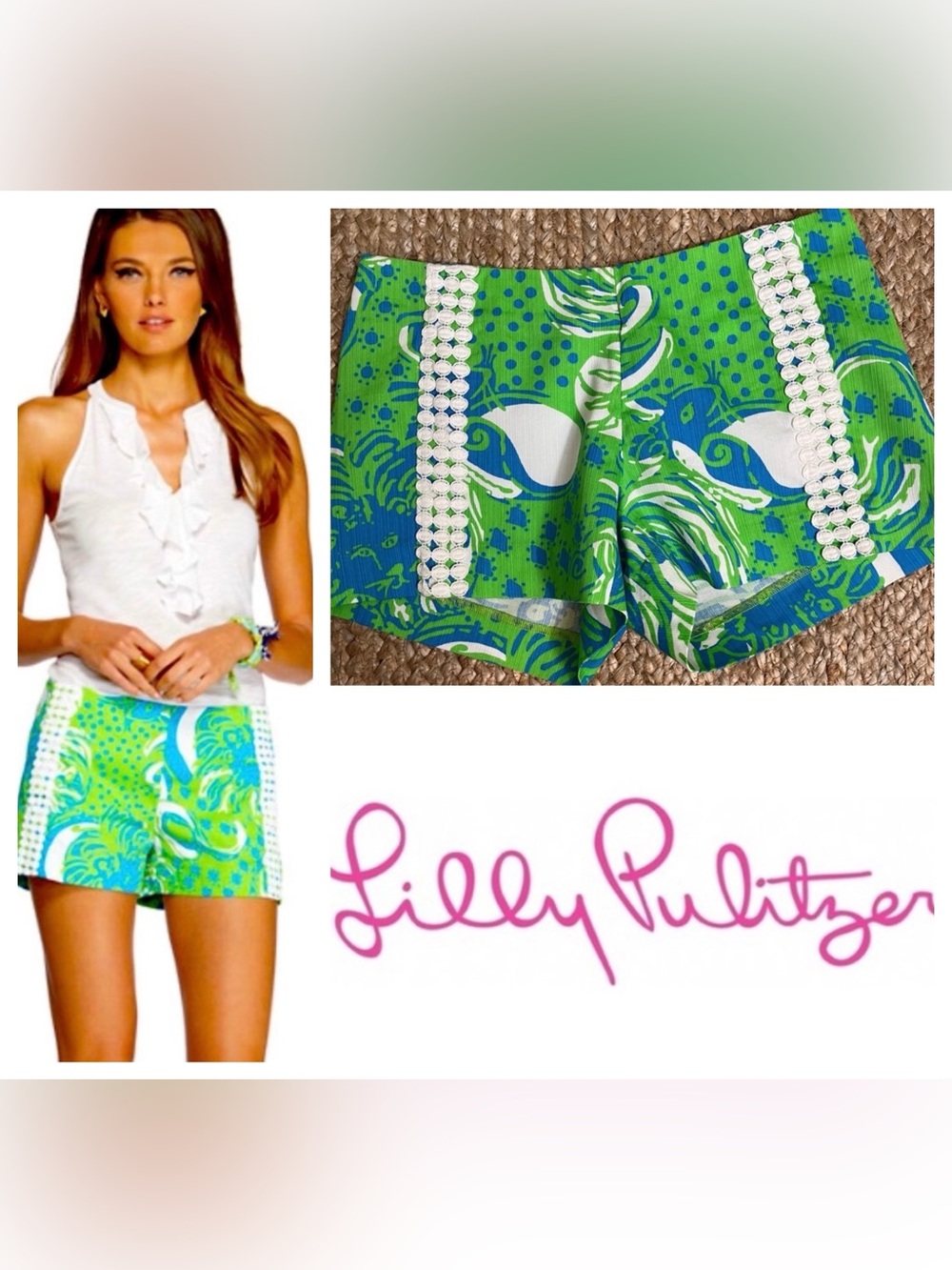 Sz 0 XS Lilly Pulitzer Roar of the Jungle Back Zip 3” Liza Shorts in Limeade